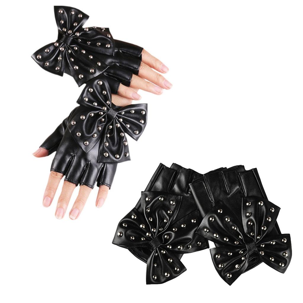 Women Bowknot Rivet Half Finger Gloves PU Leather Gloves For Nightclub Hiphop Dancing Wear And Stage Performances