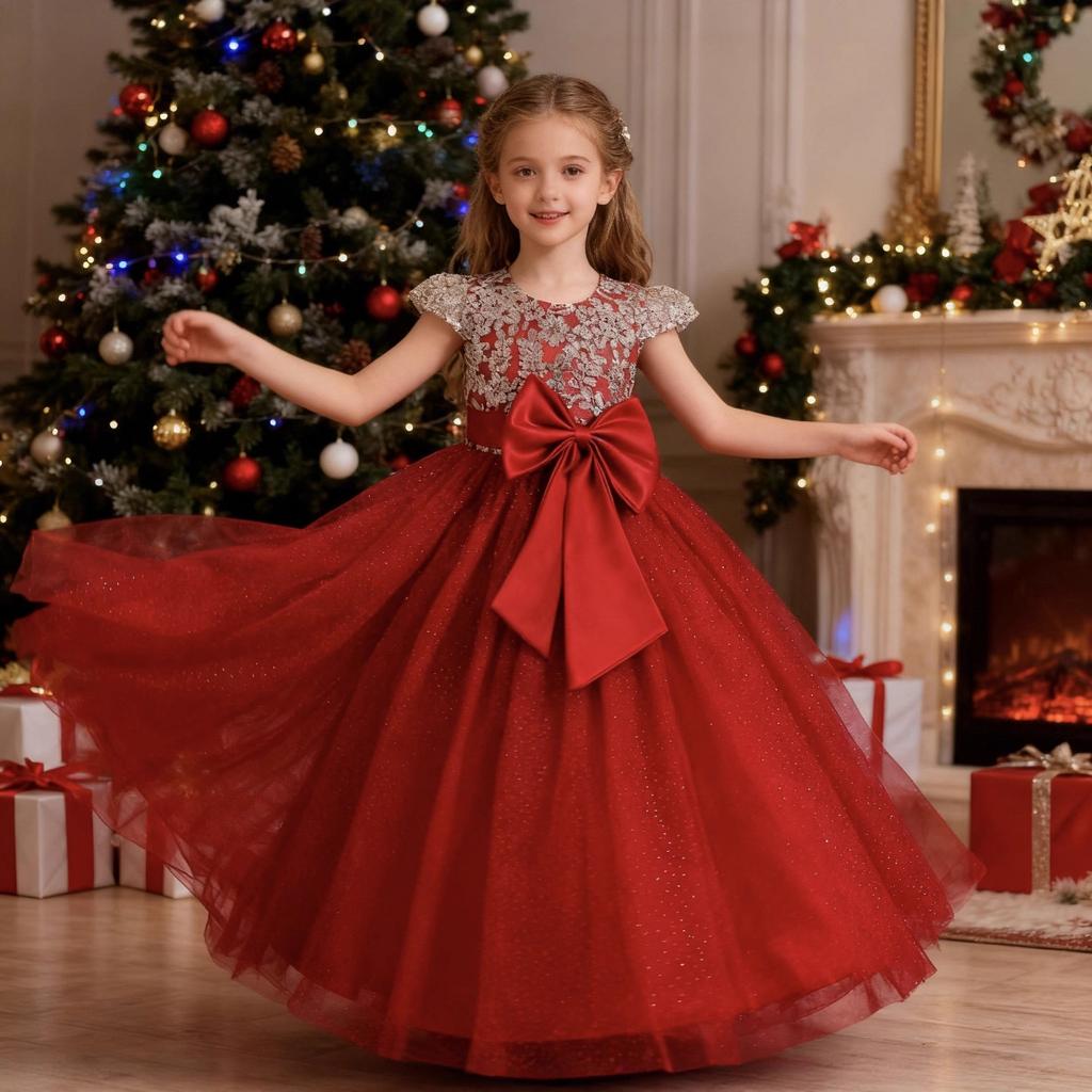Sleeveless sequined wedding dress for older children in girls' dress. The flower girl performs a long princess dress.