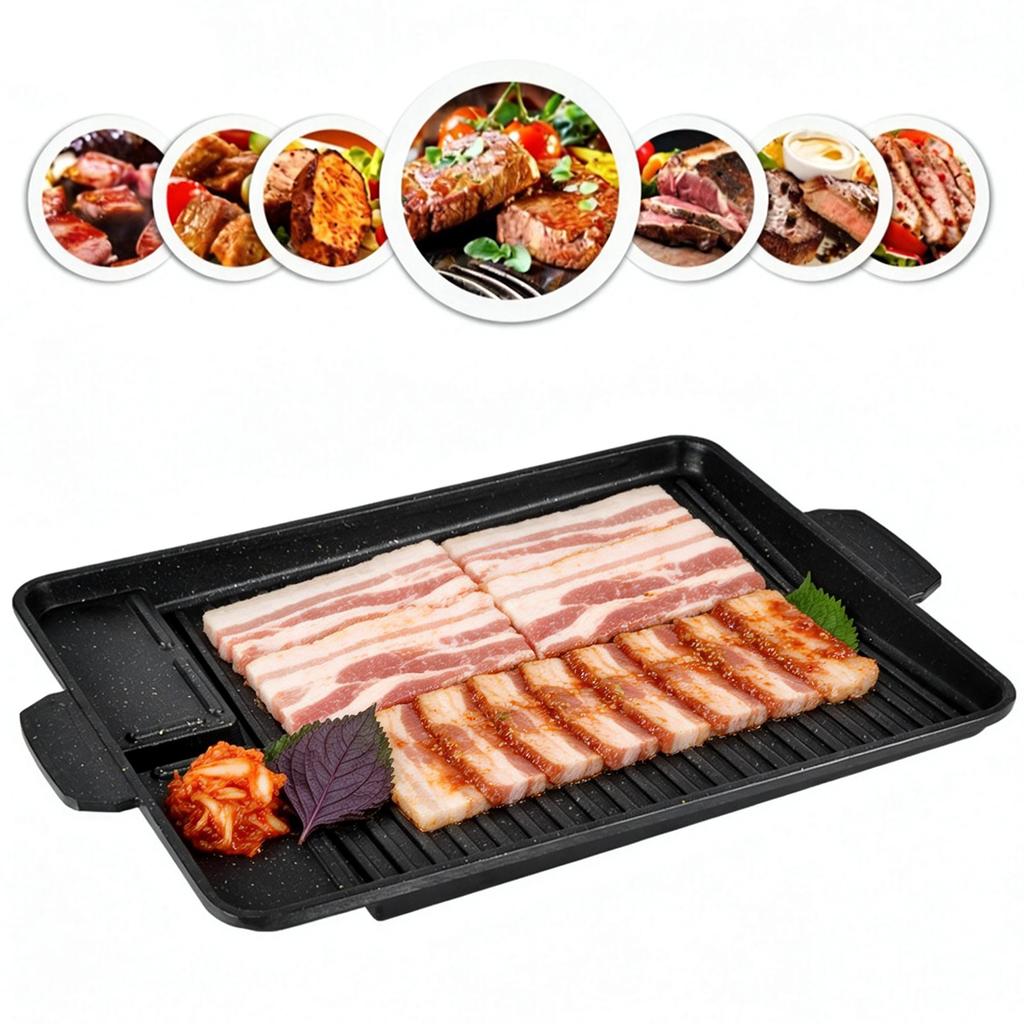 KOSUN Koreanische Grillpfanne Barbecue Guipan Gussaluminium Dreifach Flachbett Fleischbällchen Steak Topf Haus Kartonofen Outdoor Indoor