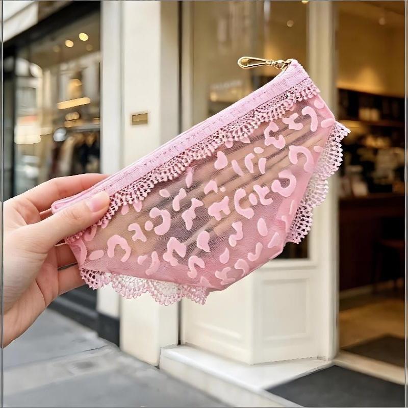 Bikini Briefs Shape Cosmetic Bag Lace Leopard Print Transparent Makeup Storage Pouch Mesh Y2K Toiletry Bag Storage For Travel