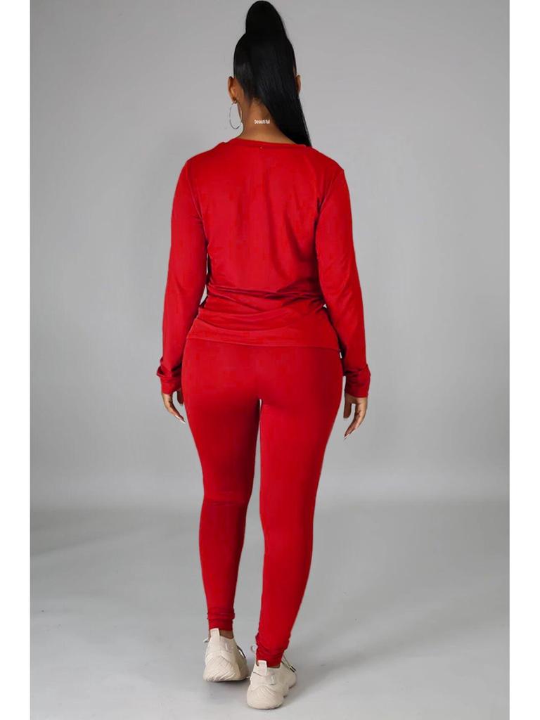 European Autumn/Winter Solid Color Hoodie and Long Pants Sportswear Set