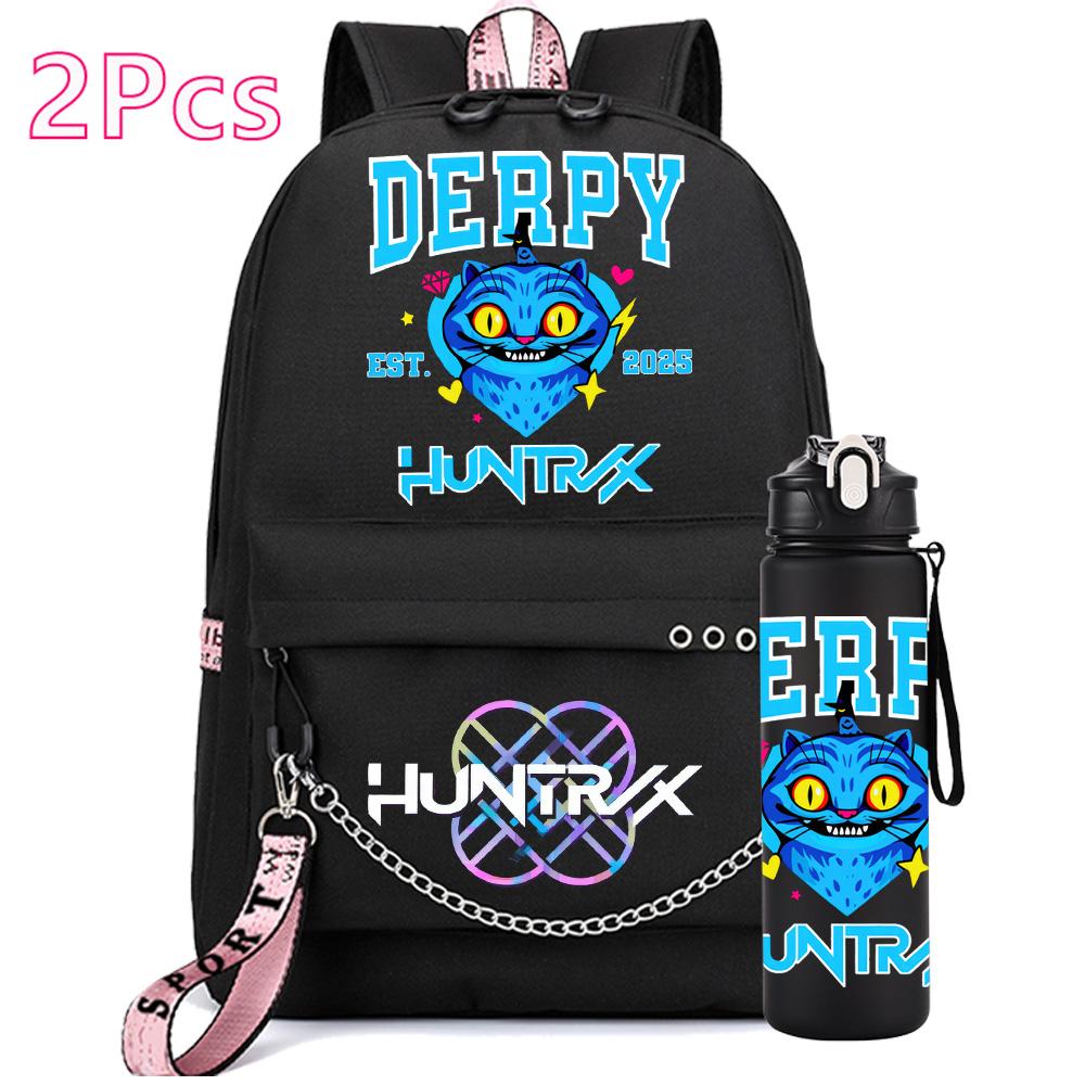 2Pcs/set Anime Cute Kpop Printed Backpack with 750Ml Water Bottler for Teenager Girl Boy Bookbag Kid Gift Large Capacity Waterproof Travel Bag