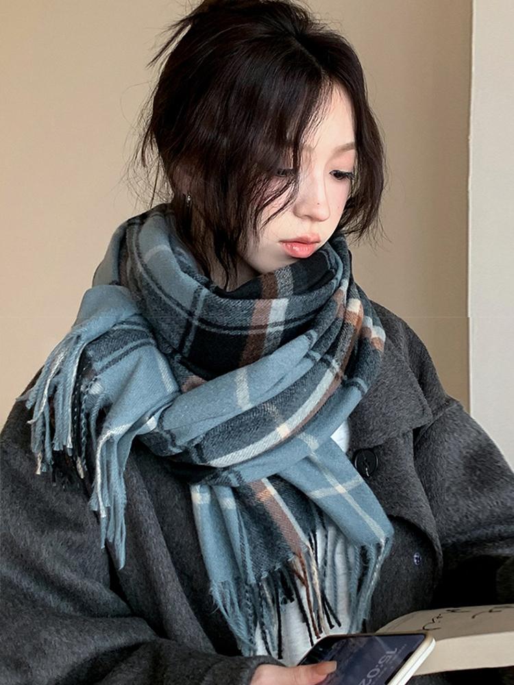 Damen Winter Vintage Gestrickter Schal Kopftuch Damen Herren Lässig Preppy Kariert Quaste Warmer Schal Mujer Mann Schal Wickeltuch Neue