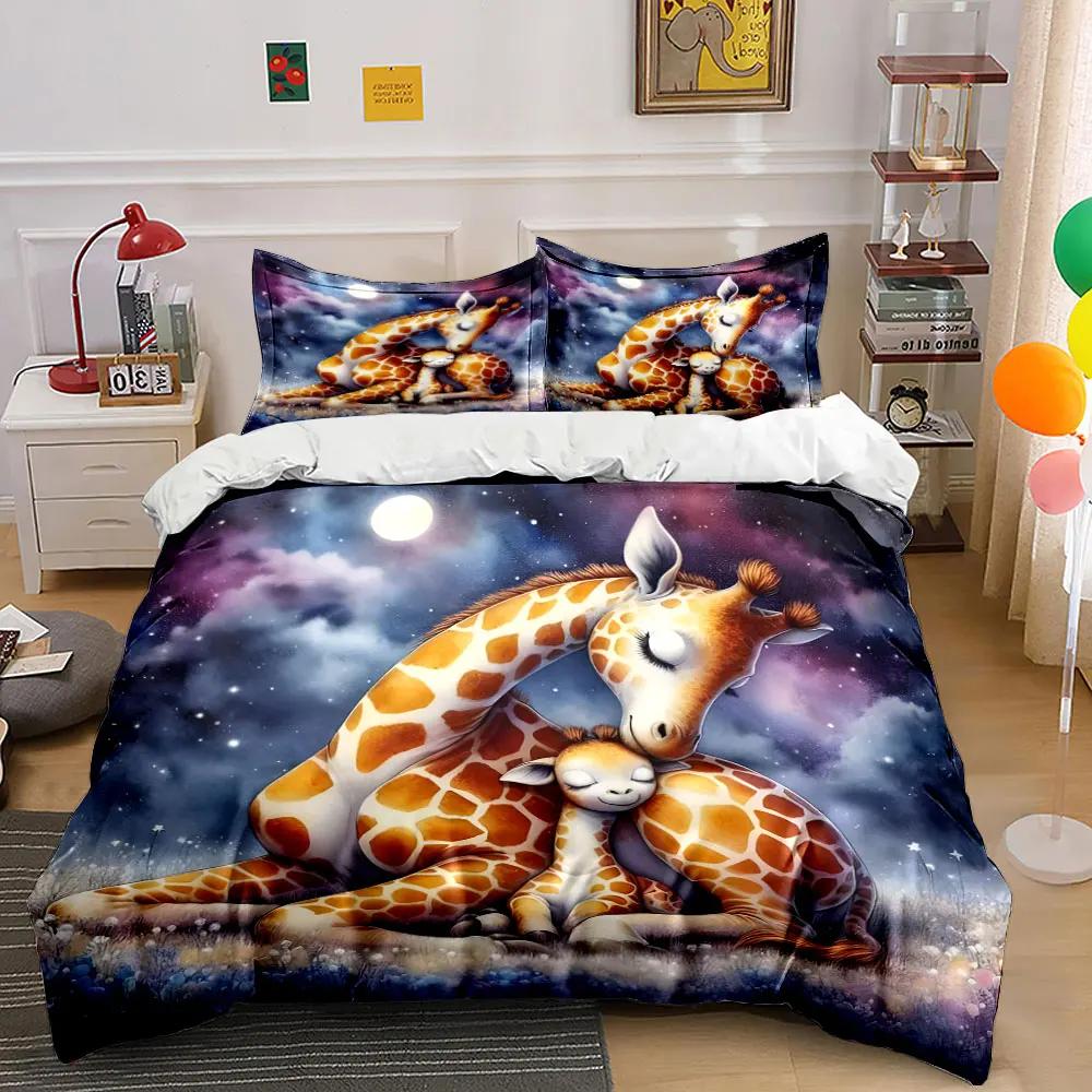 Giraffe Family Starry Night Decor Soft Comfortable Duvet Cover Bedding Set Included 1*Duvet Cover & 2*Pillowcases Gift