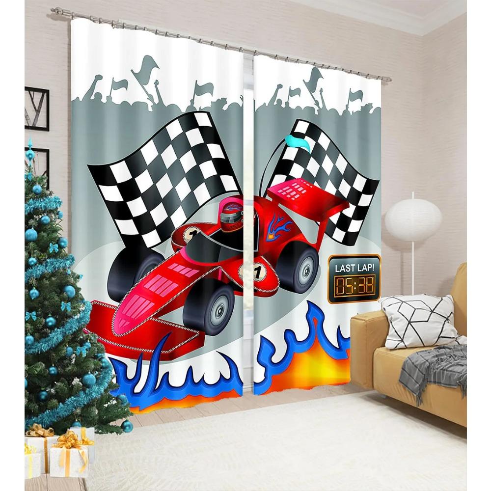 2Panel Racing Car Flag Print Curtains for Bedroom Living Room Floor-to-ceiling Window Kitchen Blinds Grommet Top Cortinas Drape