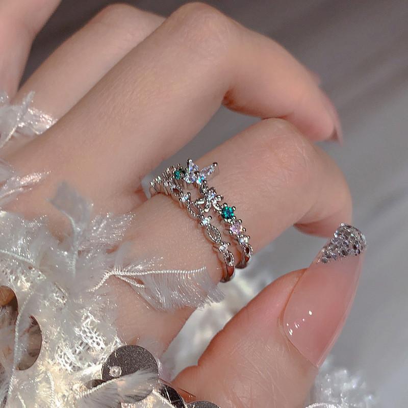 Elegant Floral Butterfly Double Layer Ring For Women Adjustable Size Fashion Accessory
