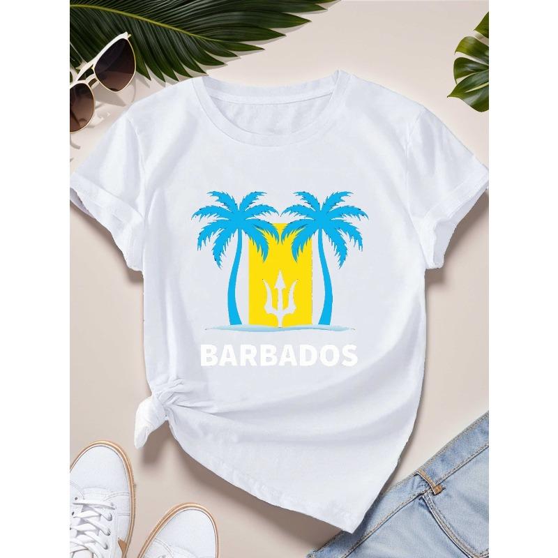 Women s Pure T-Shirt with Barbados Palm & Trident Logo - Casual Round Neck Short Sleeve Top, Geometric Palm Tree Design, Caribbean Style for, S белый