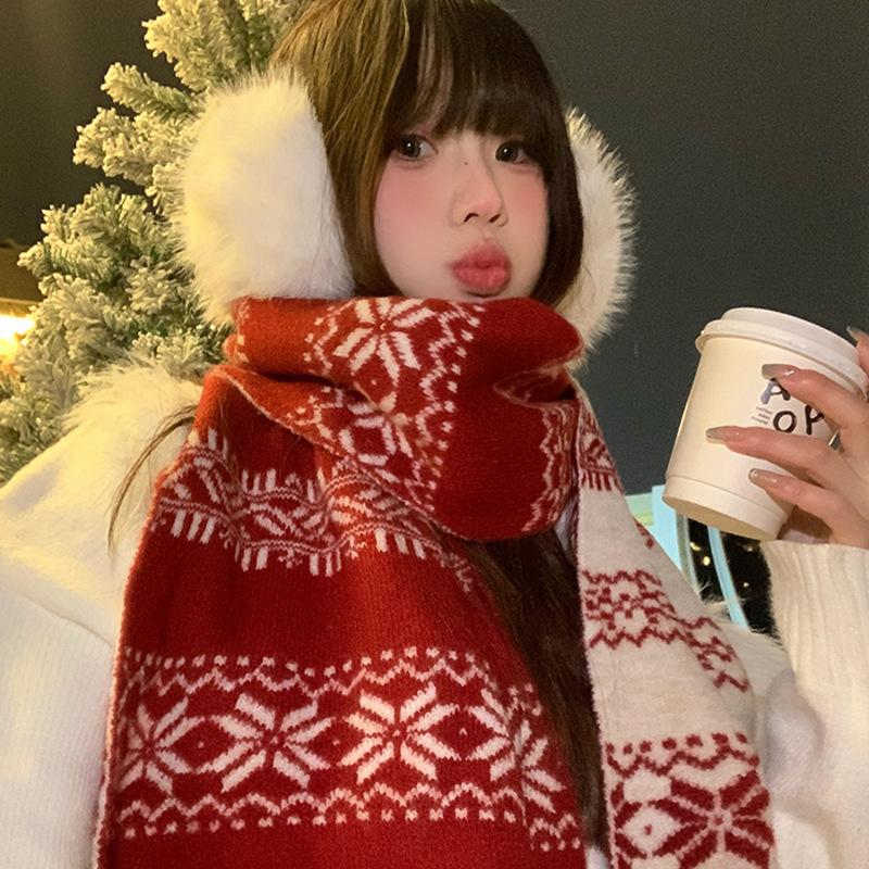 Fair Island Snowflake Double-sided Knitted Scarf Women's Autumn and Winter Korean Atmosphere Thickened Warm Scarf Vintage Shawl