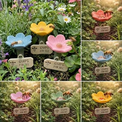 Bees Watering Station, Garden Resin Floral Bee Feeder with Colorful Butterfly Bath Tub, No Wooden Stick for Outdoor Decoration
