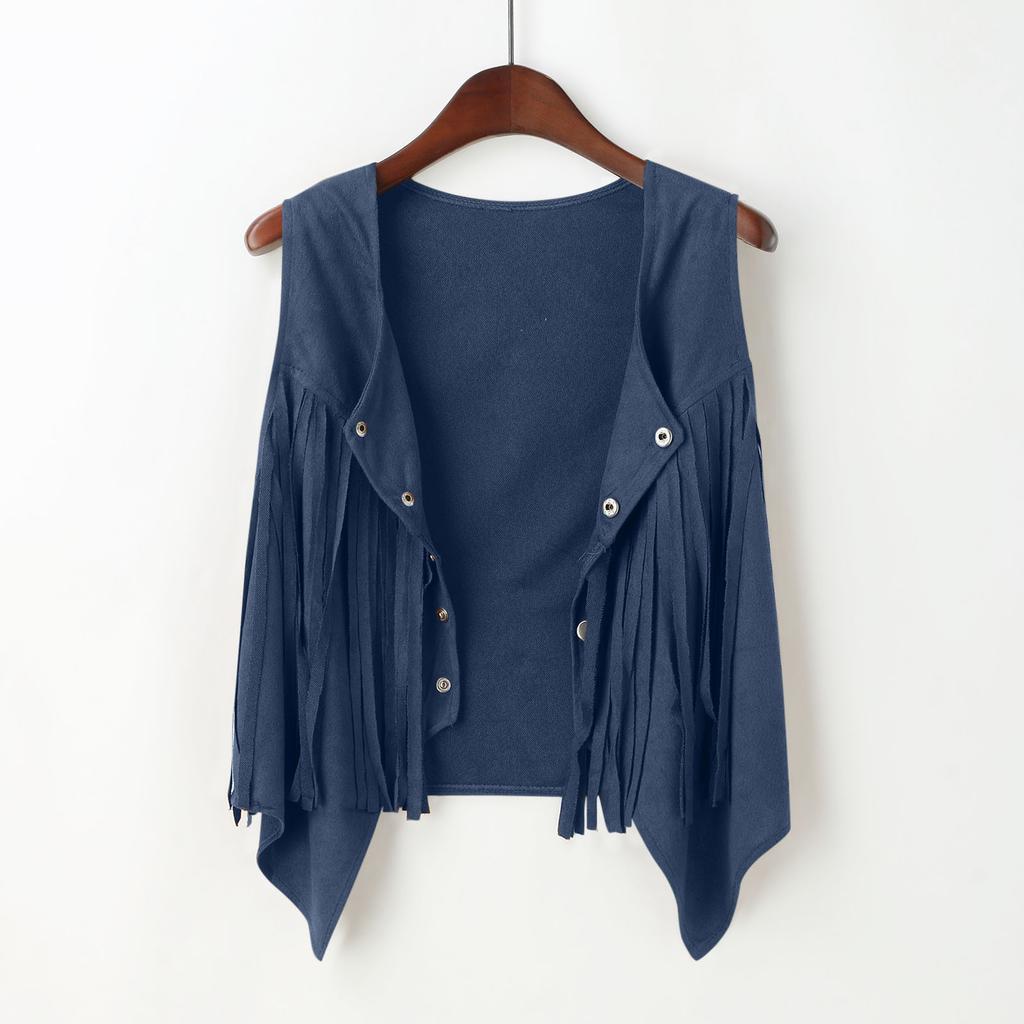 Dames Vest Kort Casual met Franjes en Knopen: Effen kleur, Slim fit, Kraag met halve knoopsluiting