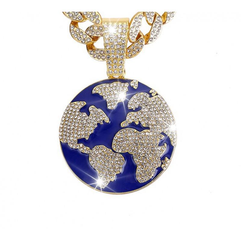Collana in Lega con Ciondolo Hip Hop Terra Completamente Intarsiato di Strass Catena Cubana da Uomo Stile a Strati