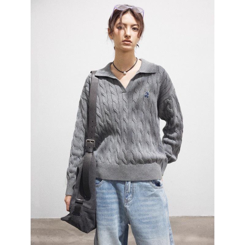 Twisted Flower Embroidered V-neck Cable Knit Sweater - Women's All Cotton Casual Autumn Top
