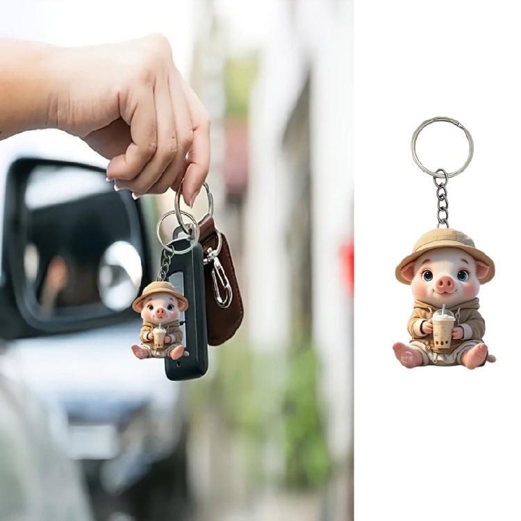 Charm Acrylic Pig Keychain With Milk Drink Artwork for Girls Room Decoration and Gift Giving