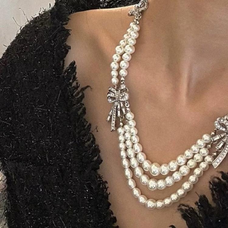 Imitation Pearls Necklace with Multiple Strands Rhinestones Bowknot Clavicle Chain Handmade Adjustable Length Neckchain