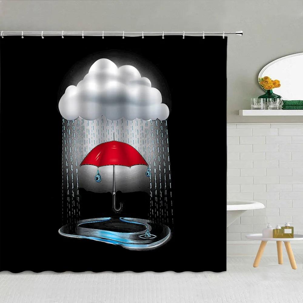 Cartoon Style Umbrella Printed Shower Curtain Colorful Rain Drops Boy Girl Bathroom Decor Waterproof Fabric Screen With Hooks