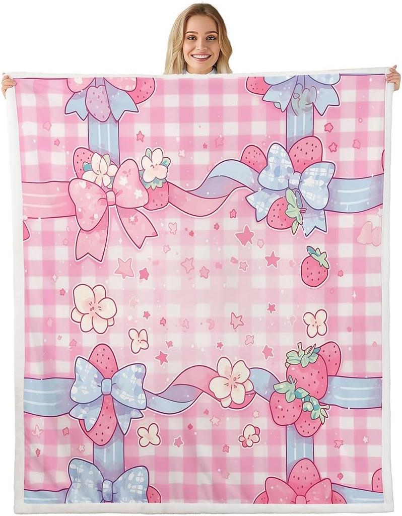 Blue Bow Pattern Blanket Soft Fleece Throw Elegant Home Decor Gift for Women Girls Bedroom Bedding Cover