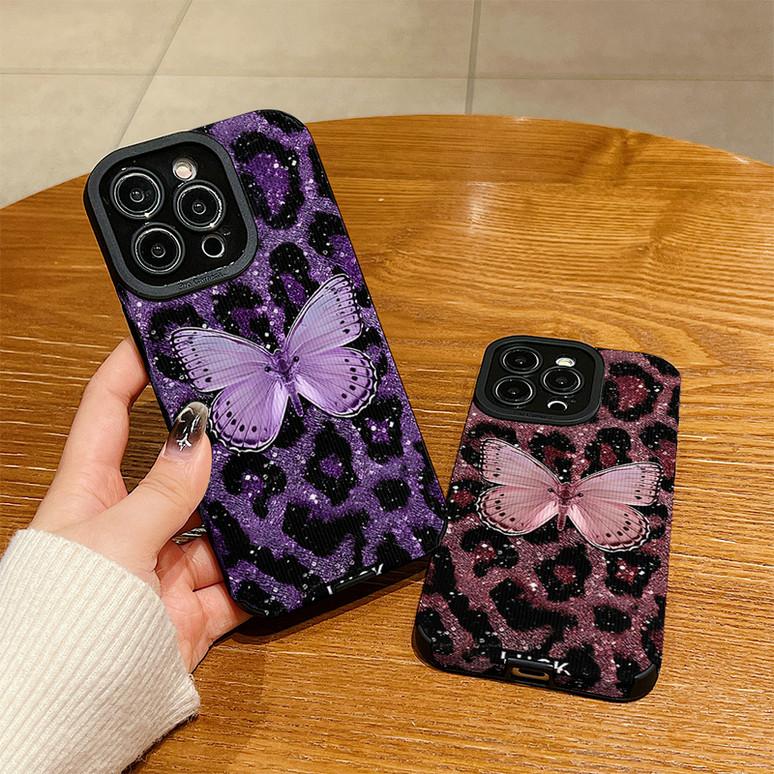 Vertical Grain Leather Shell Butterfly Printed Patterned Shockproof Soft Silicone Case with Camera Lens Full Protection for iPhone