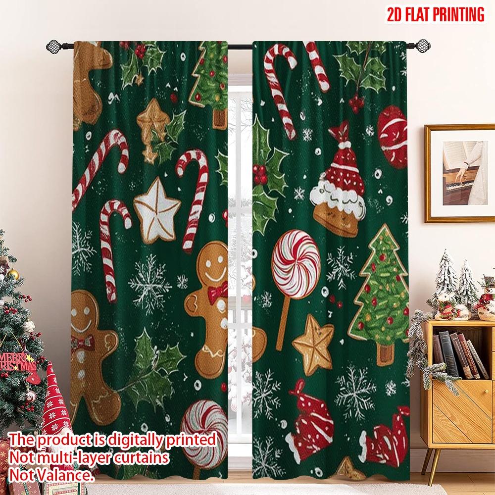 

Flat Printing Christmas Curtains Gingerbread Man Digital Printed Polyester Drapes Party Decorations Po Curtain Set Of 2 Made Washable W100*H70(CM)-Grommet top&2PCS