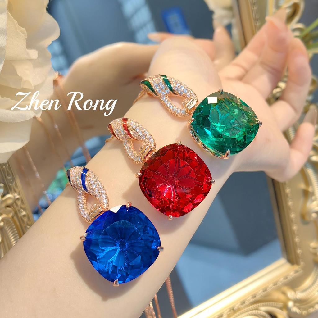 European & American Luxury Royal Blue Pendant Necklace with Emerald & Pigeon Blood Red Gemstones for Women