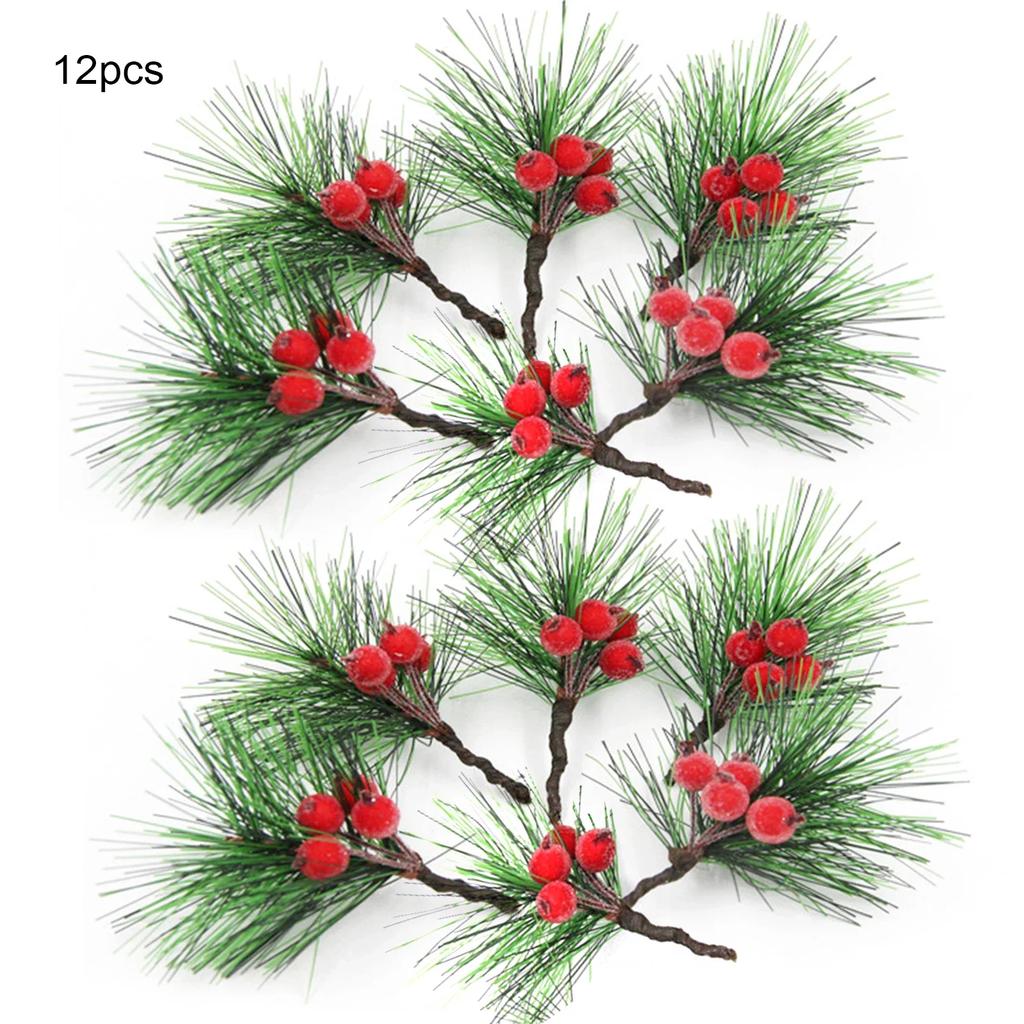 12 pièces Fait Main DIY Mini Branches de Pin Aiguilles Baies Rouges Accessoires Couronne de Noël Boîte Cadeau Plantes Artificielles Arrangement Floral