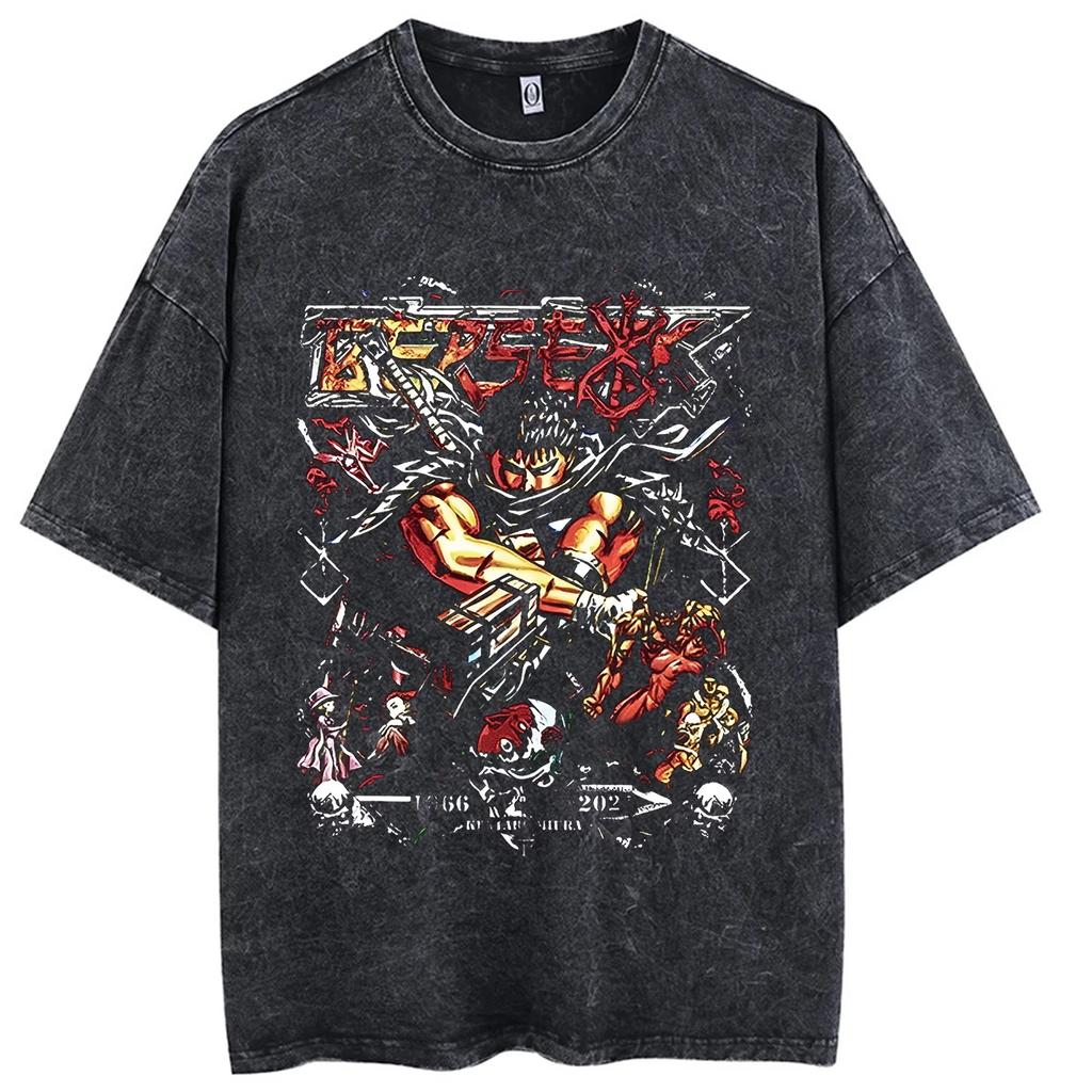 Vendita Calda Anime Berserk Guts Manga Stampa Grafica Maglietta Uomo Donna Retro Lavato Girocollo Cotone Retro Lavato Larga Casual Oversize Top Estivo Nuova T-shirt