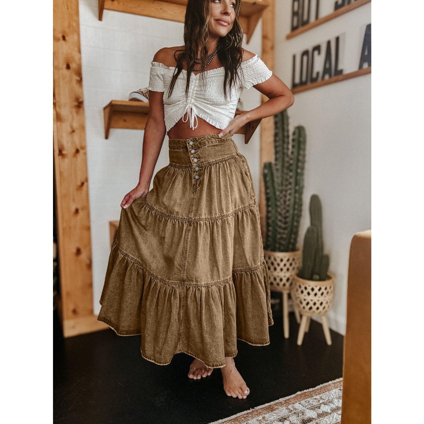 

Юбка из денима в стиле бохо-трапеции с многослойным узором XL темно-коричневого