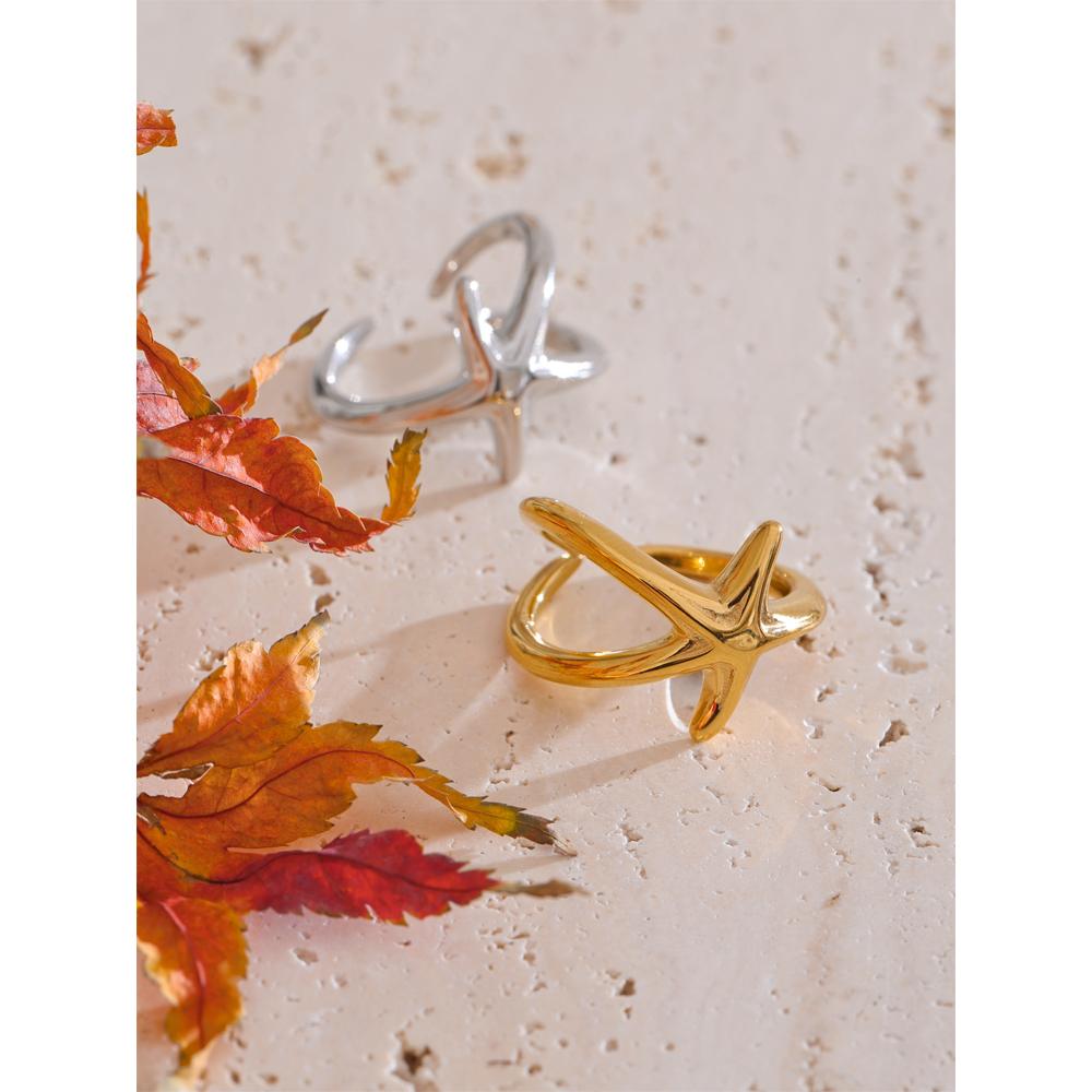 Yhpup Size 7 Ocean Style Stainless Steel Starfish Gold Silver Color PVD Ring Fashion Charm for Women Vacation Daily Wear 2025