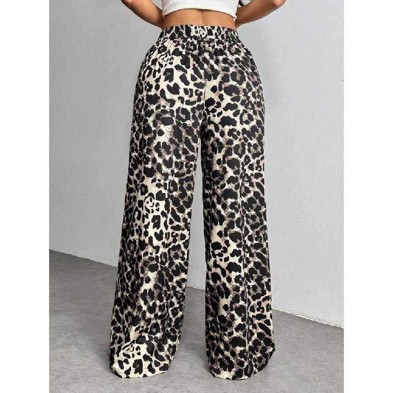 2026 Neue lässige Hose mit Leopardenmuster für Damen, lockere Passform, elastischer Bund, bedruckte Wide-Leg-Hose