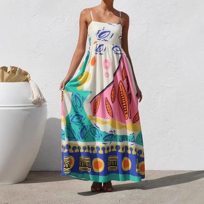 Vestido de Praia Boho Floral Feminino Sem Mangas Verão Vestido Maxi Alças Finas Casual Smock Fluido A-Line Vestido de Festa Vestidos Longos para Mulheres