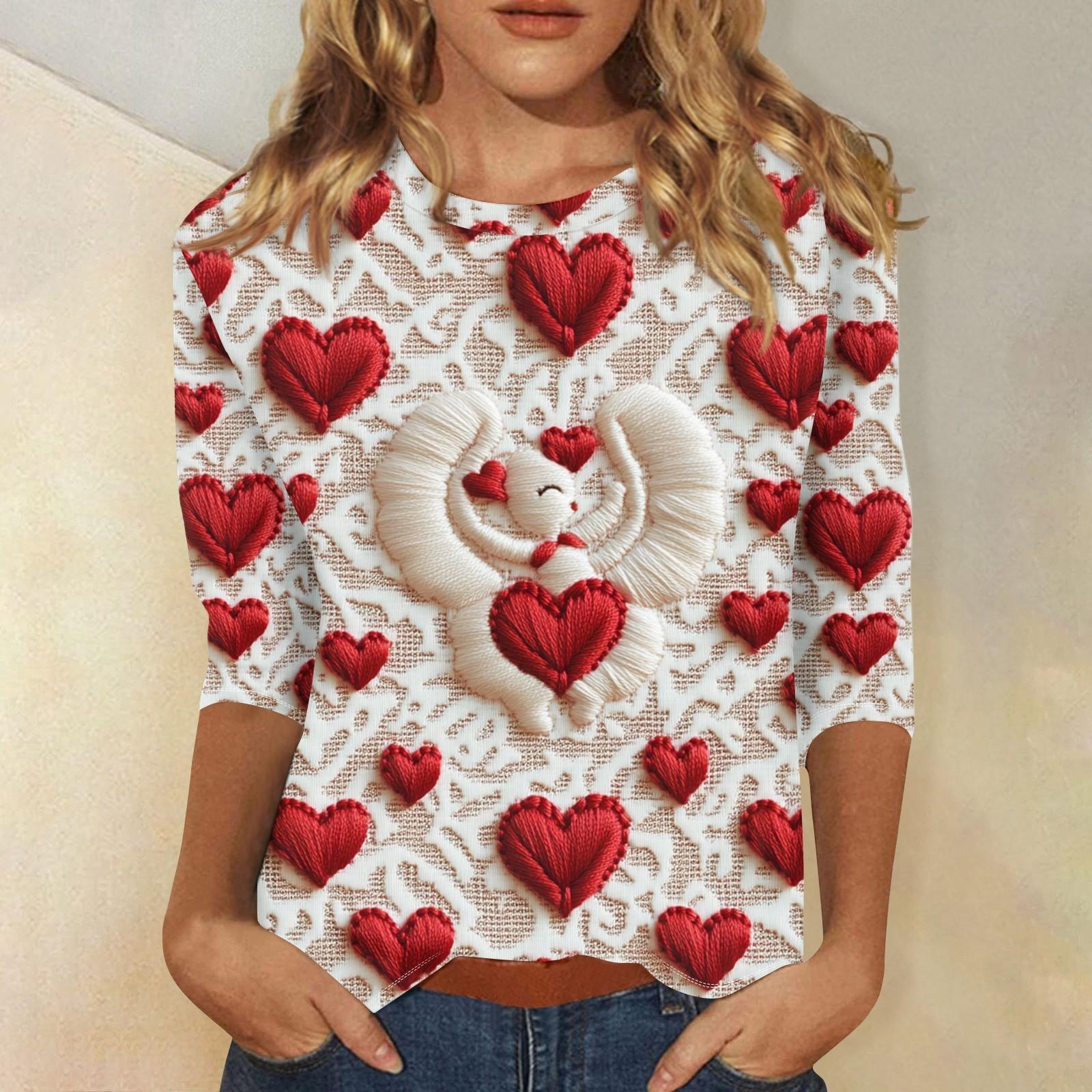 

Женская мода повседневная кофта с разрезом на рукаве 3/4 и принтом ко Дню святого Валентина с круглым вырезом S