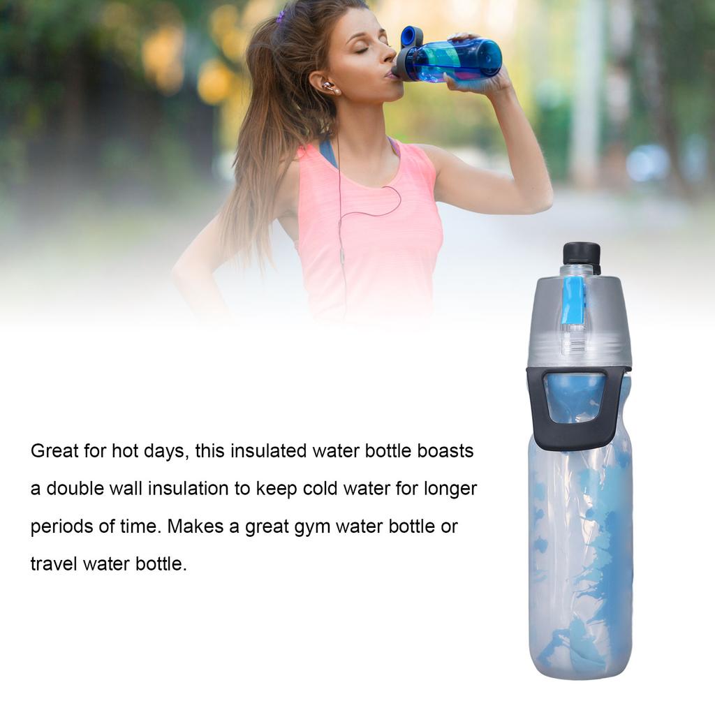 PE Misting Water Bottle Spray Mist Sports Water Bottle Reusable Cooling Drinking Bottle with Double Wall Insulation Carry Loop Blue