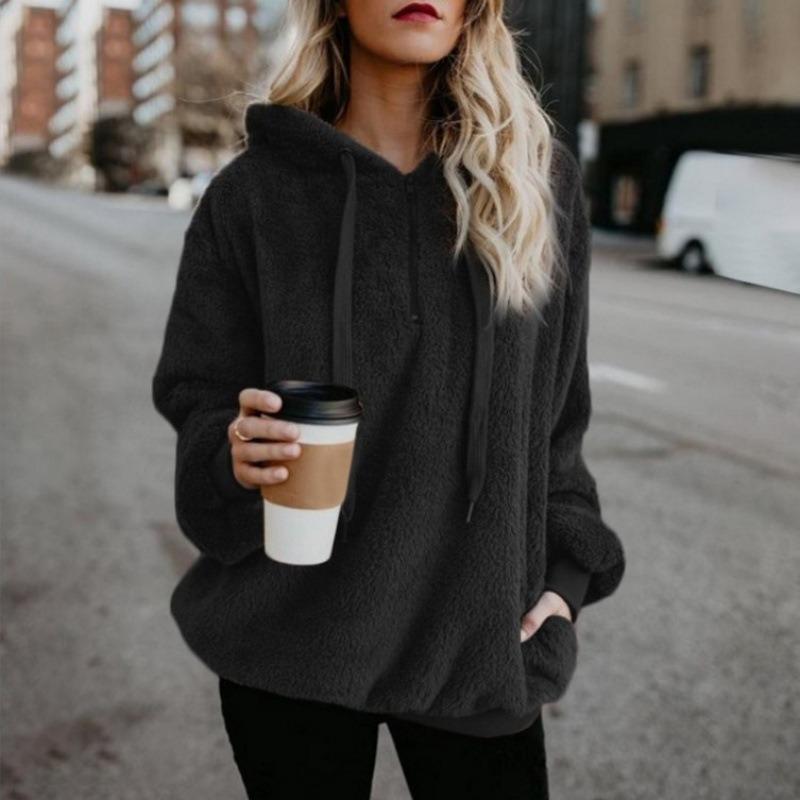 Long Sleeve Hooded Solid Color, Women's Sweater Fleece Jacket