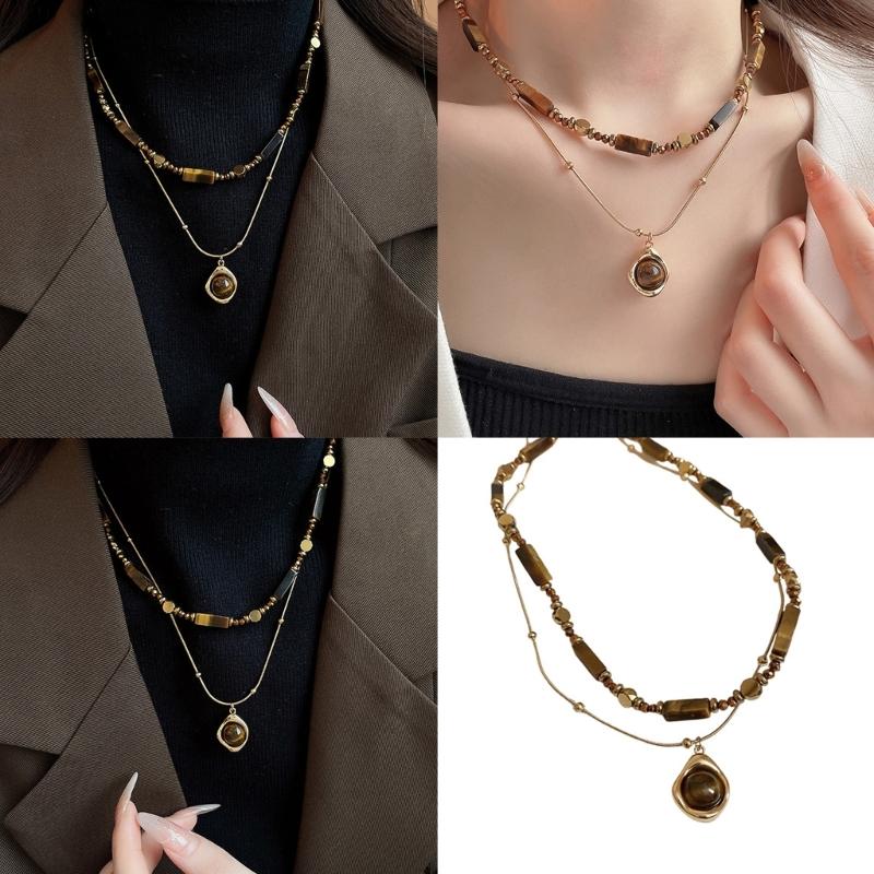 Vintage Inspire Necklace Decoration for Women with Tigers Eye Stone Pendant and Double Layer Chain Stylish Outfits