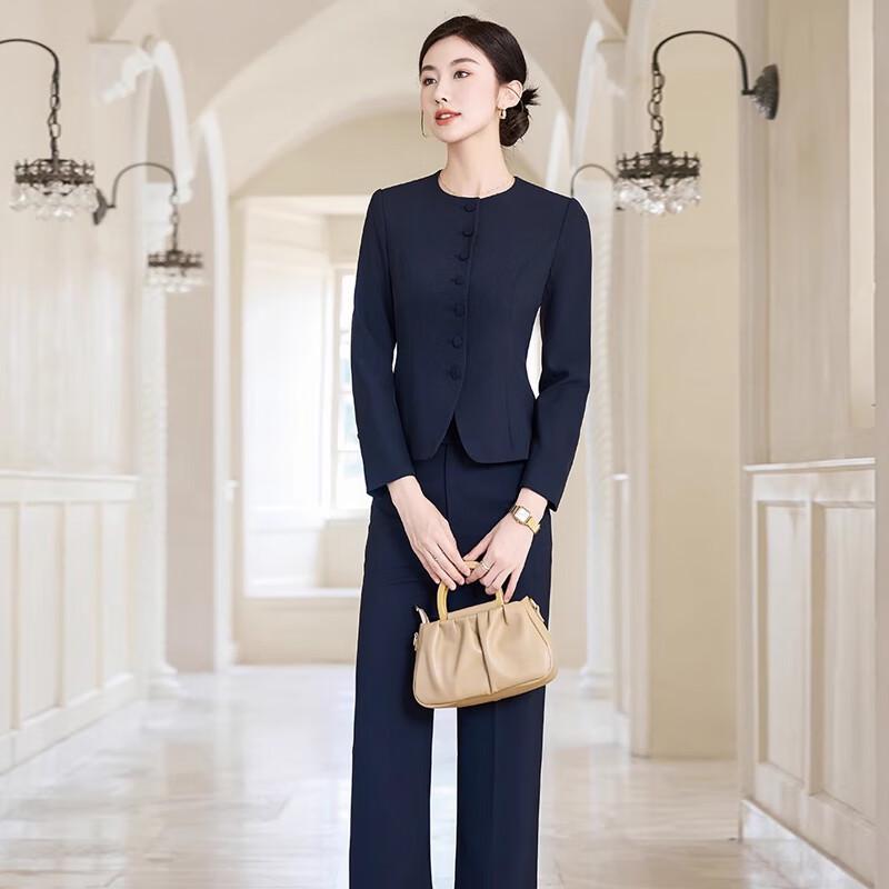Women's New Chinese Style Dark Blue Professional Suit Set