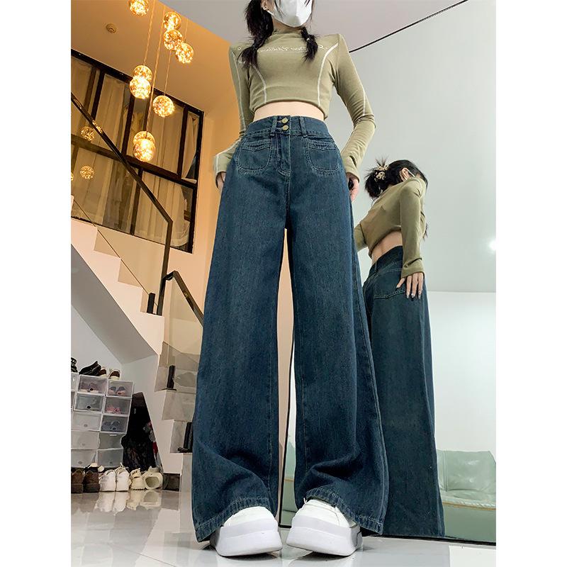 

Plus Size Retro High Waist Fleece Lined Dark Blue Wide Leg Jeans for Winter 3XL