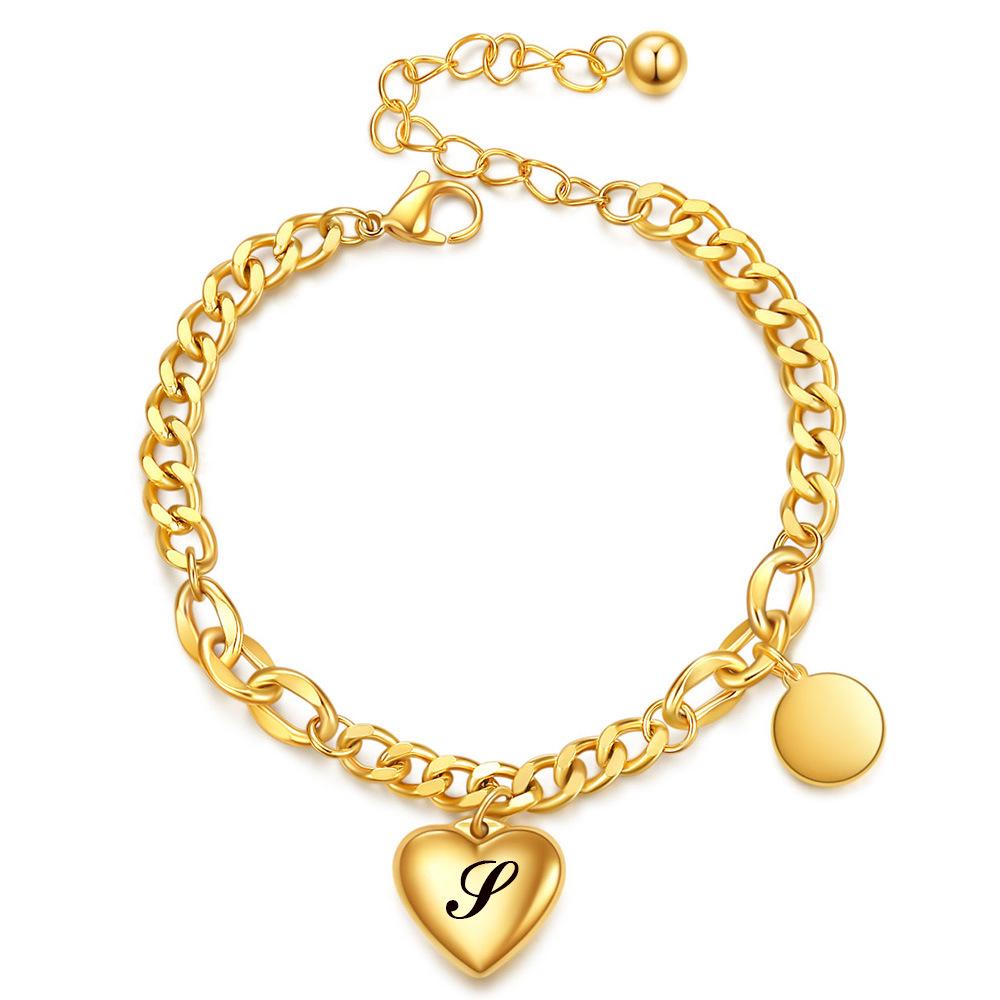 18K Gold-Finished Titanium Steel Cuban Chain Bracelet with Personalized Initial & Peach Heart Charm for Women