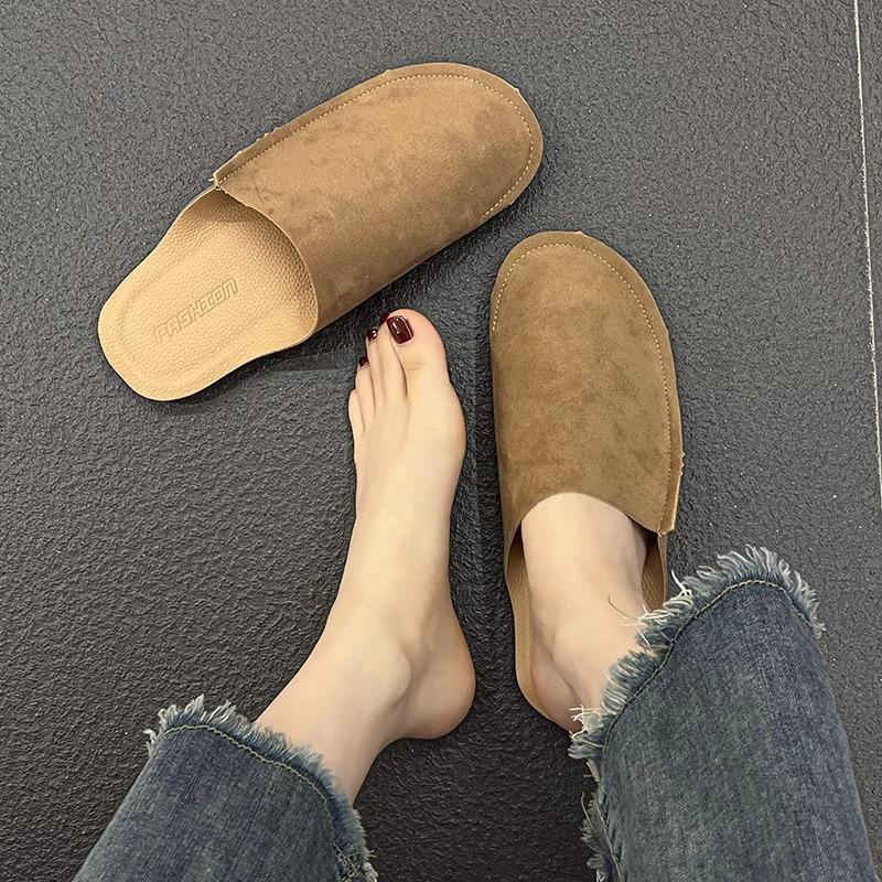 Papuci de casă cu toc gros pentru femei, noi de primăvară și vară, pantofi leneși din piele moale retro cu talpă moale plată, papuci de casă cool pentru femei