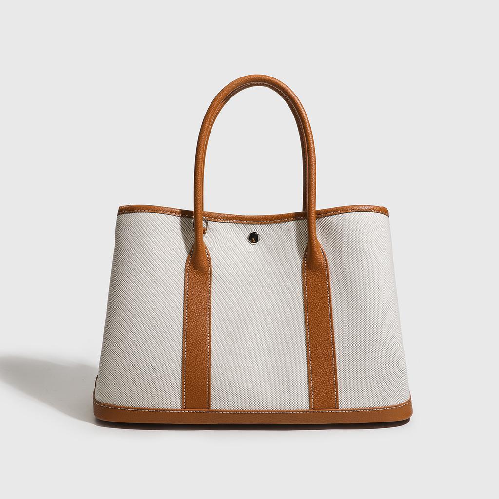 Canvas with Cowhide Handbag, High-end Sense, Large-capacity Contrasting Color Shoulder Tote Bag.