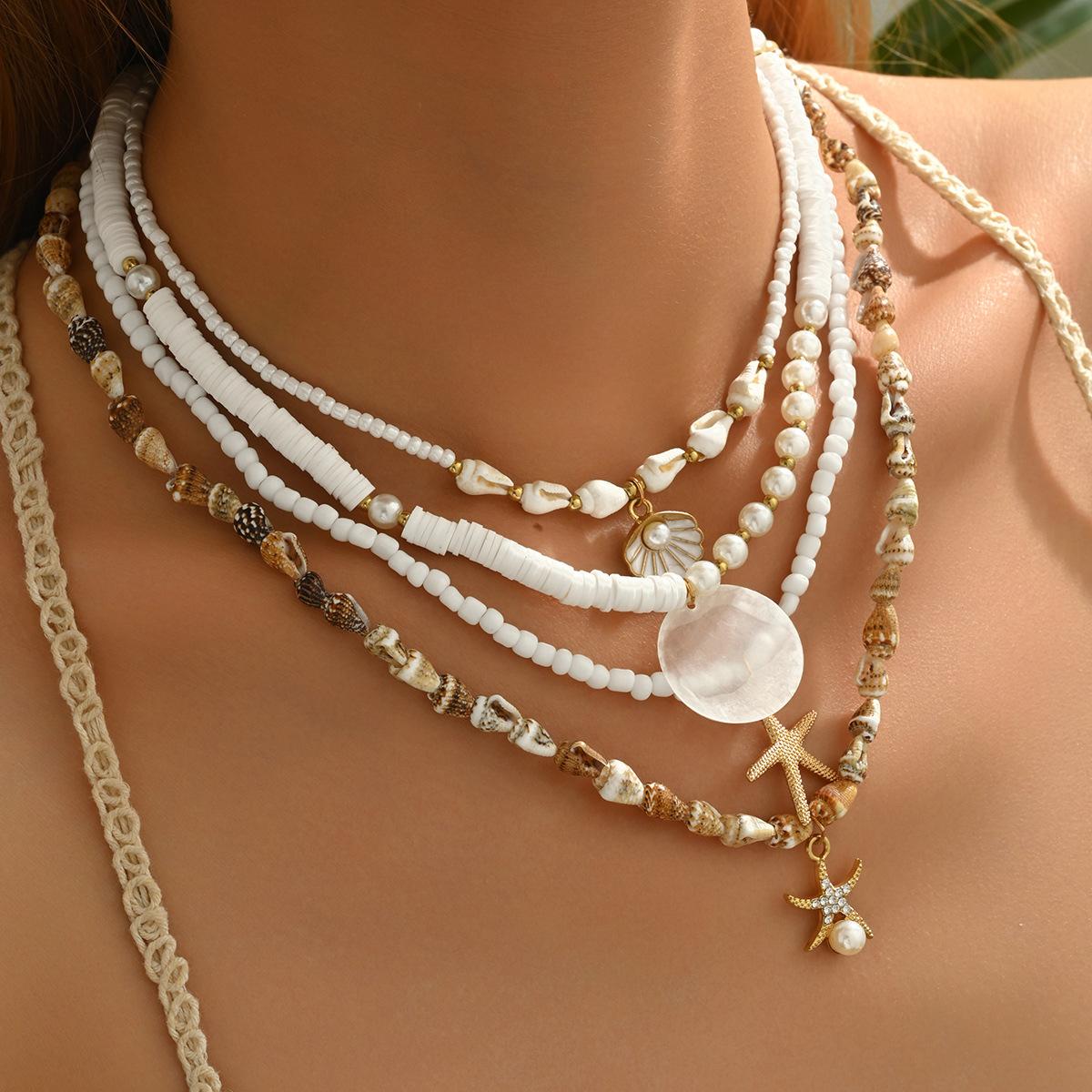 

Seaside necklace European and American beach vacation starfish shell pearl neck chain stacked beaded collarbone chain female