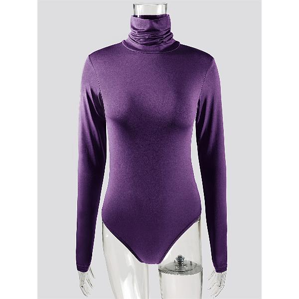 Einteiliges T-Shirt für Damen, schmal, lange Ärmel, halbhoher Halsausschnitt, einfarbig, Jumpsuit-Oberteil M violett