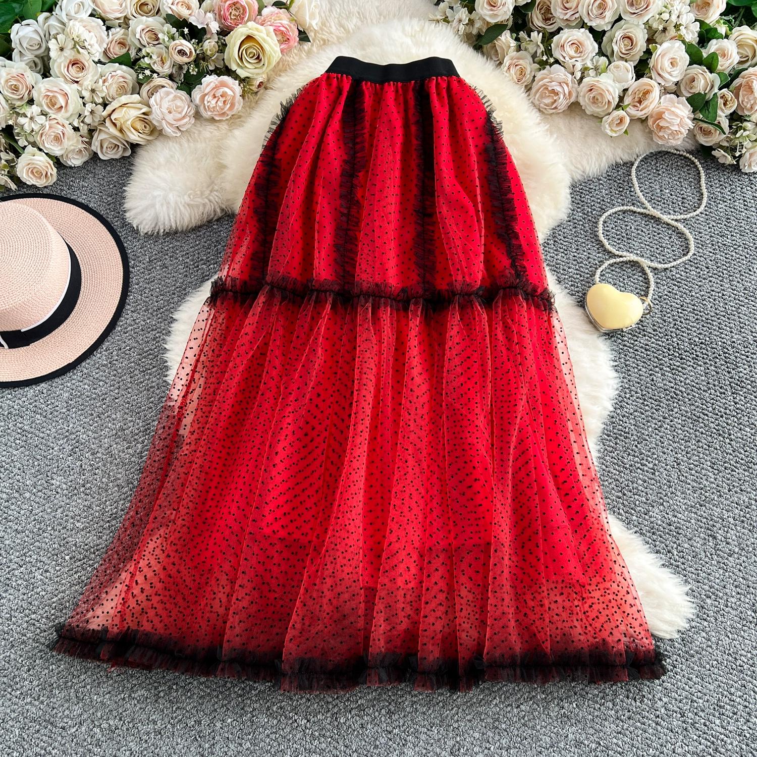 

Літня жіноча елегантна спідниця максі з сітки та тюлю в горошок і з рюшами One Size червоний