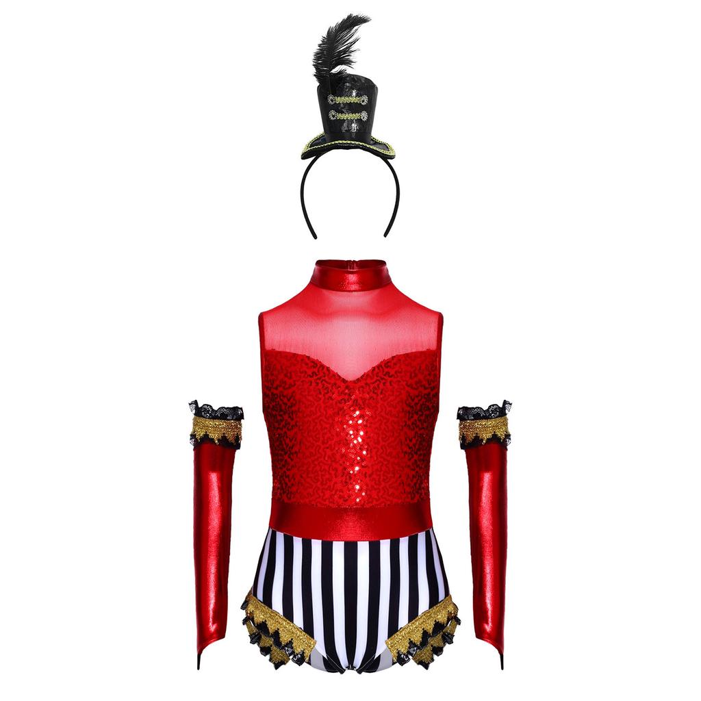 Girls Circus Costume Set Sequins Mock Neck Sleeveless Jumpsuit Press Buttons Metallic Oversleeve Top Hat