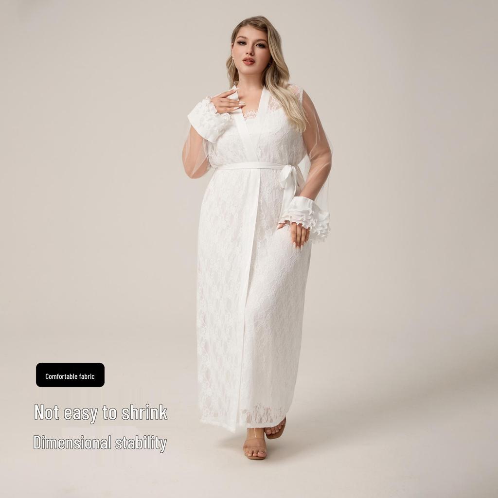 Yaoting Übergröße Damen Eisseide Spitze Langer Morgenmantel & Nachthemd (WP5014)