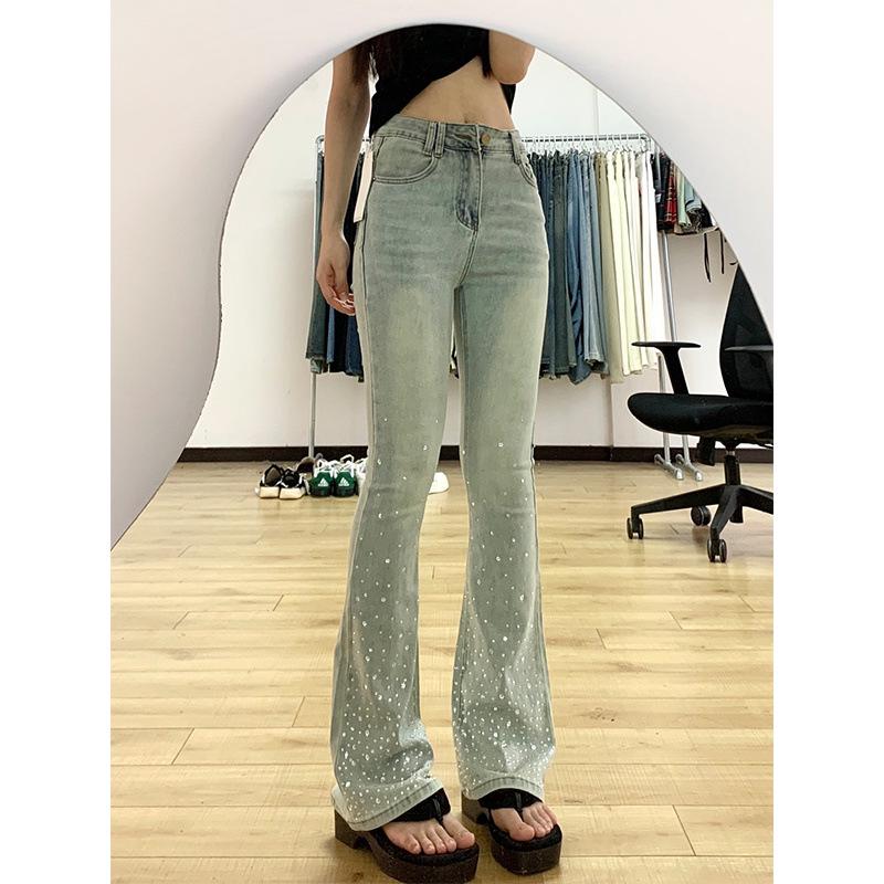 American High Street Rhinestone Micro Flare Slimming Jeans for Women - Spring/Summer Long Pants