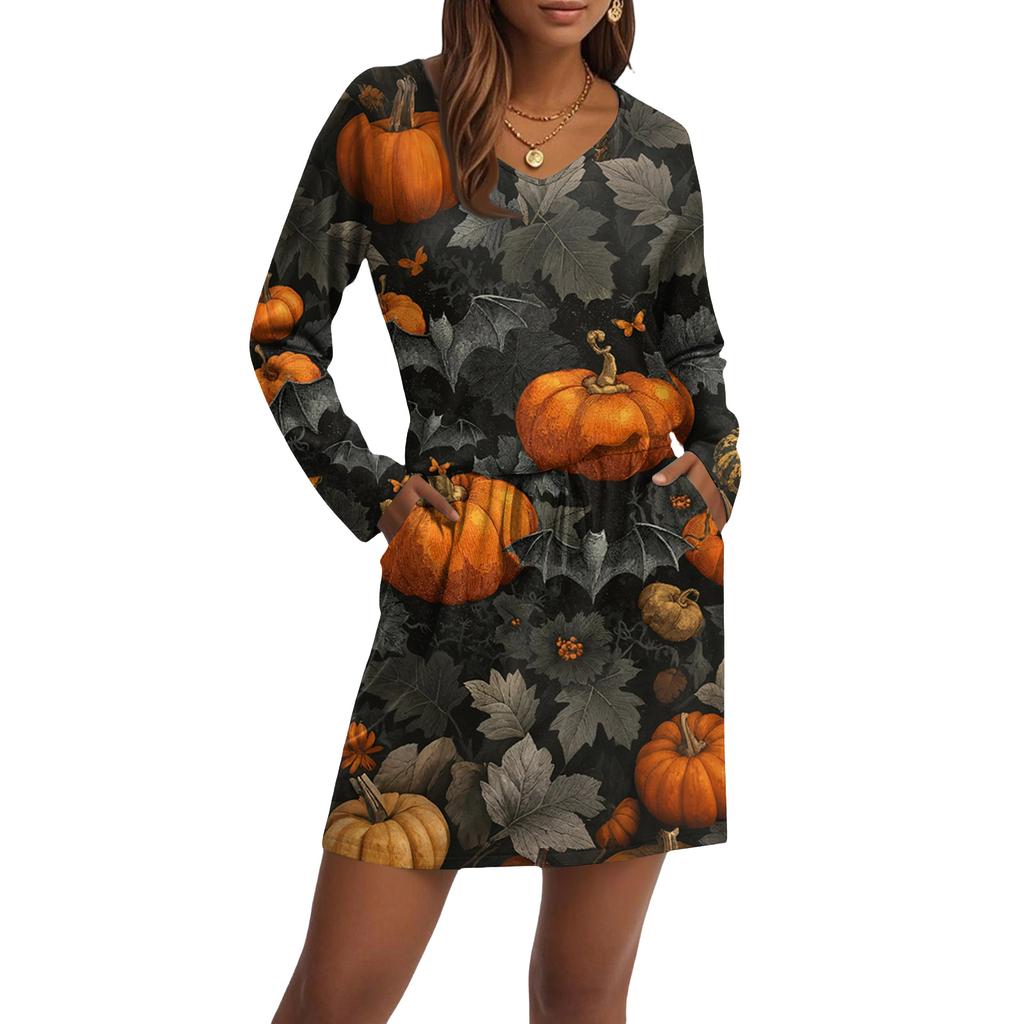 Dámské módní šaty s V výstřihem, dlouhým rukávem a stahovací šňůrkou, s kapsou, s halloweenským potiskem, ležérní