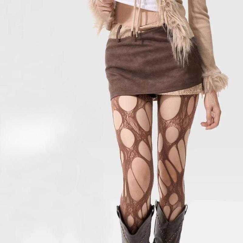 

Сексуальные женские панк-чулки с дырками, внутренние носки с рыболовной сеткой, готические кружевные рваные вечерние колготки Y2k one size коричневый