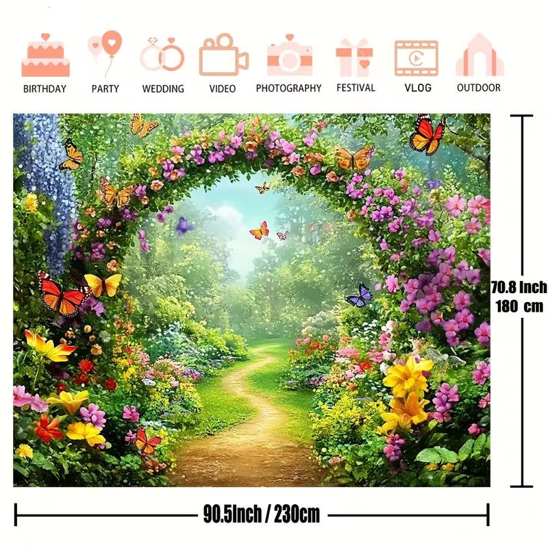 

2D Flower Arch Backdrop, Enchanted Garden with Butterflies Photography Background for All Occasions 47.2x31.5inch/120*80cm