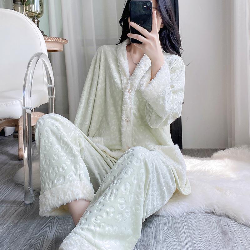 Women's Sea Island Cotton Pajamas - Light Luxury Embossed Long Sleeve Autumn/Winter Set
