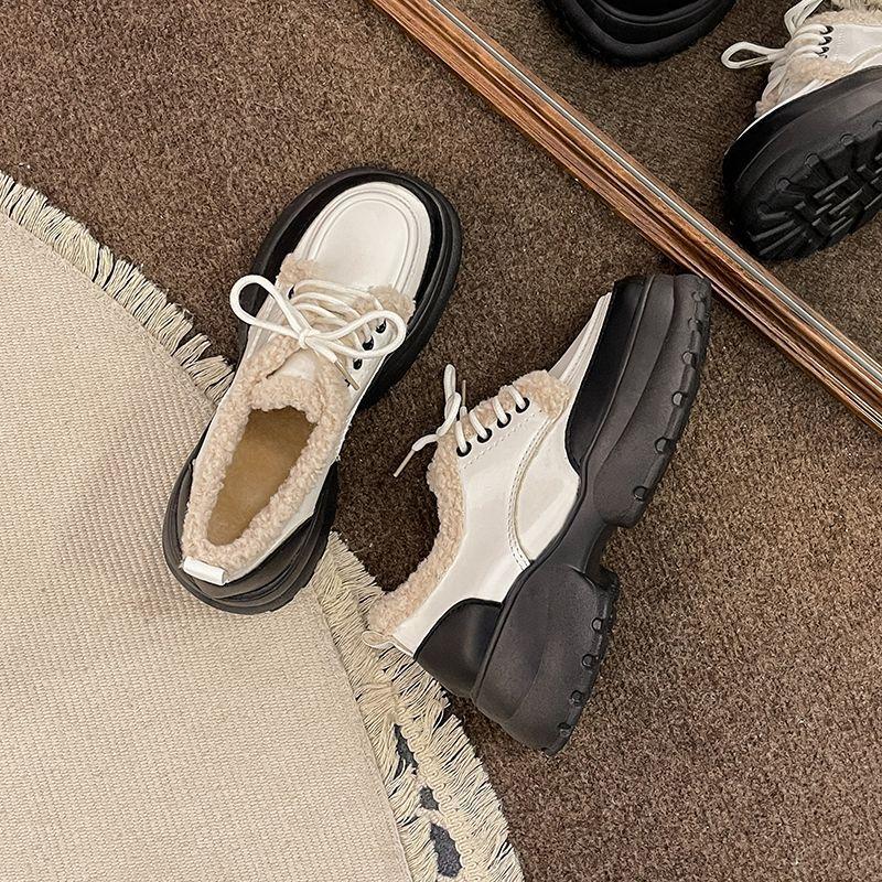 Fleece Single Shoes French Versatile Loafers British Style Non-slip Thick Sole Heightening Small Leather Shoes Women's 2025 Autumn and Winter New M
