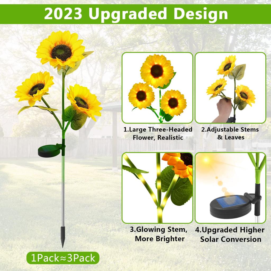 Sunflower Solar Lights Outdoor Garden Decor, Uppgraderad 1 Pack Solar Garden Lights med 3 Solros Lights, Vattentät Solar Outdoor Lights